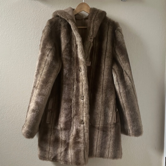Dennis Basso Hooded Tan Suede Fur Coat Size XS - Picture 4 of 12